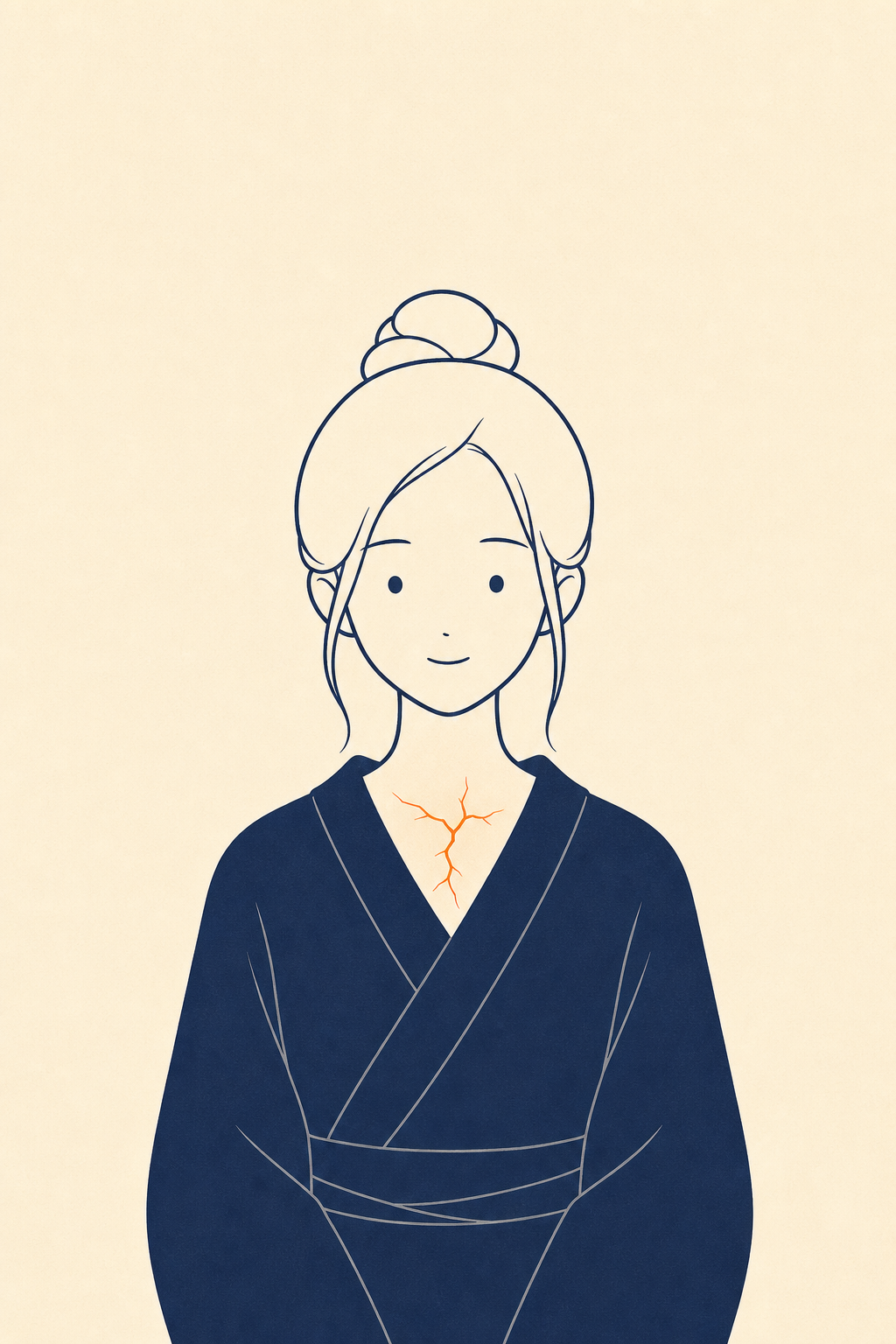 湯嵐の立ち姿。白髪の丸髷、藍灰の和装。左肩から鎖骨へ、橙の裂けあとがひとすじ走る。
