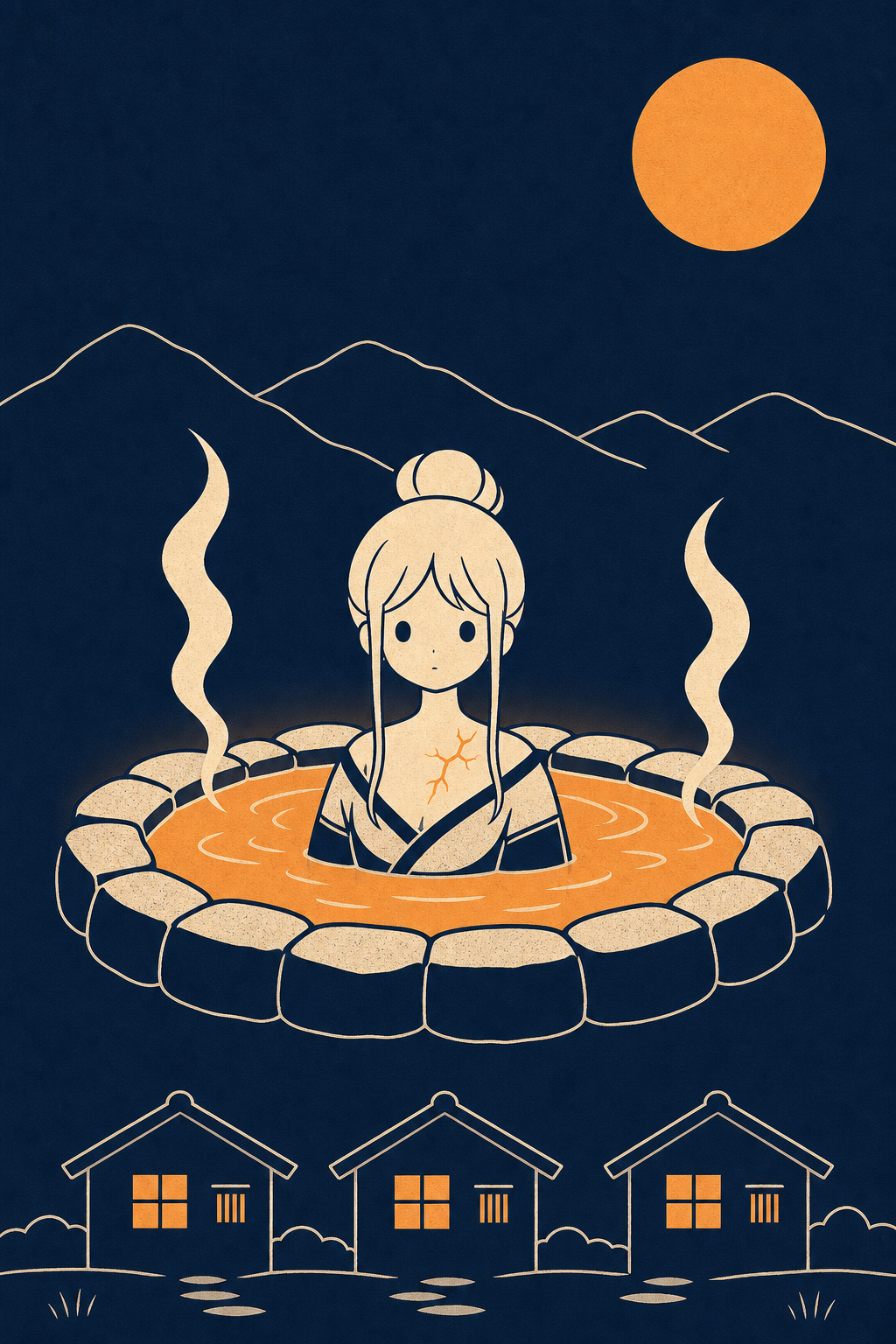 満月の夜、石を積んだ泉に湯気が立ち、麓に郷の家々の影がならぶ。