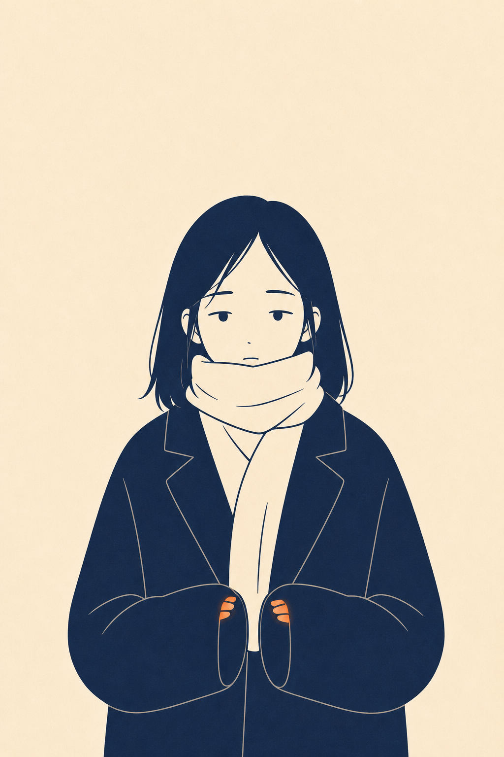 街から来た阿棠の立ち姿。襟に首をうずめ、袖に手を引っこめ、指先だけが赤い。