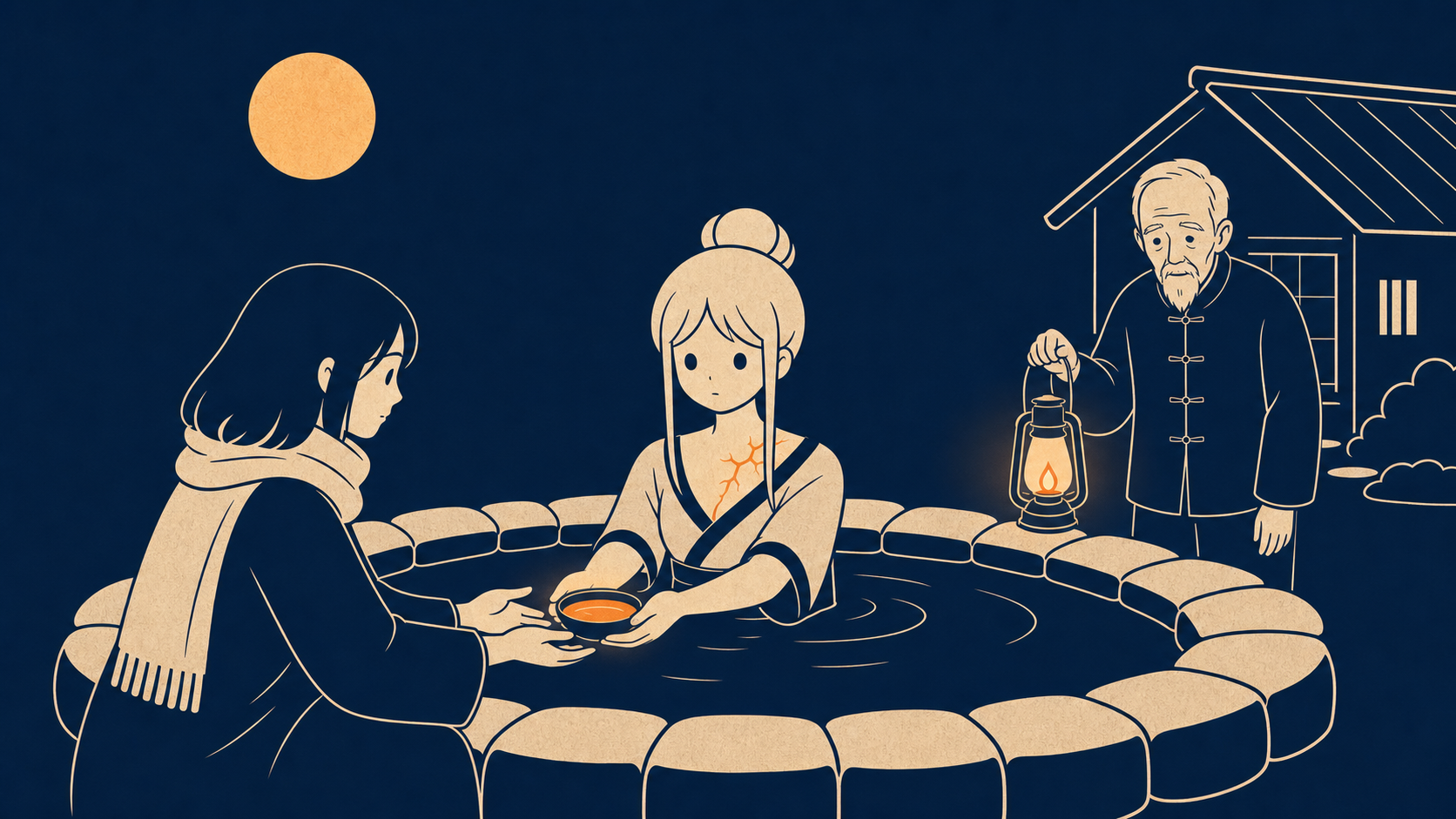 夜の泉。湯嵐が湯をさしだし、阿棠が両手で受け、灯爺が灯をさげて後ろから見ている。